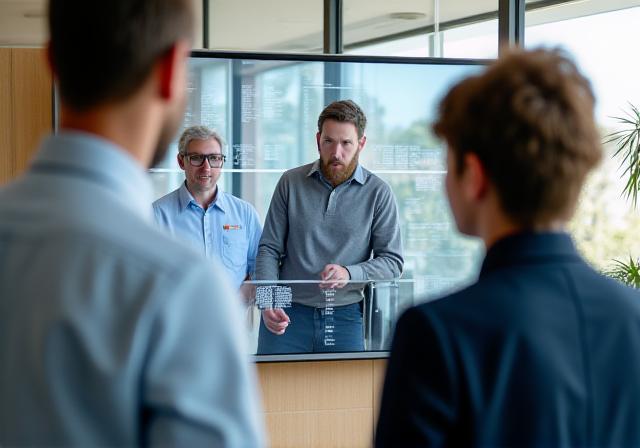 Team collaborating on a digital interface in a modern UK office