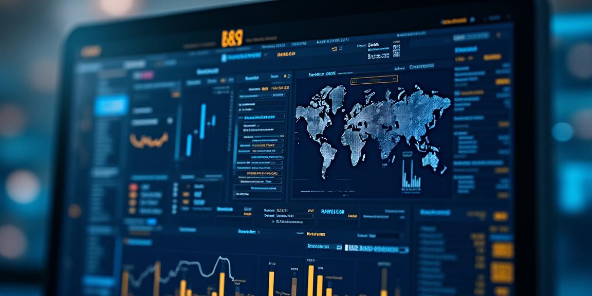 Global marketplace digital dashboard showing analytics and brand assets